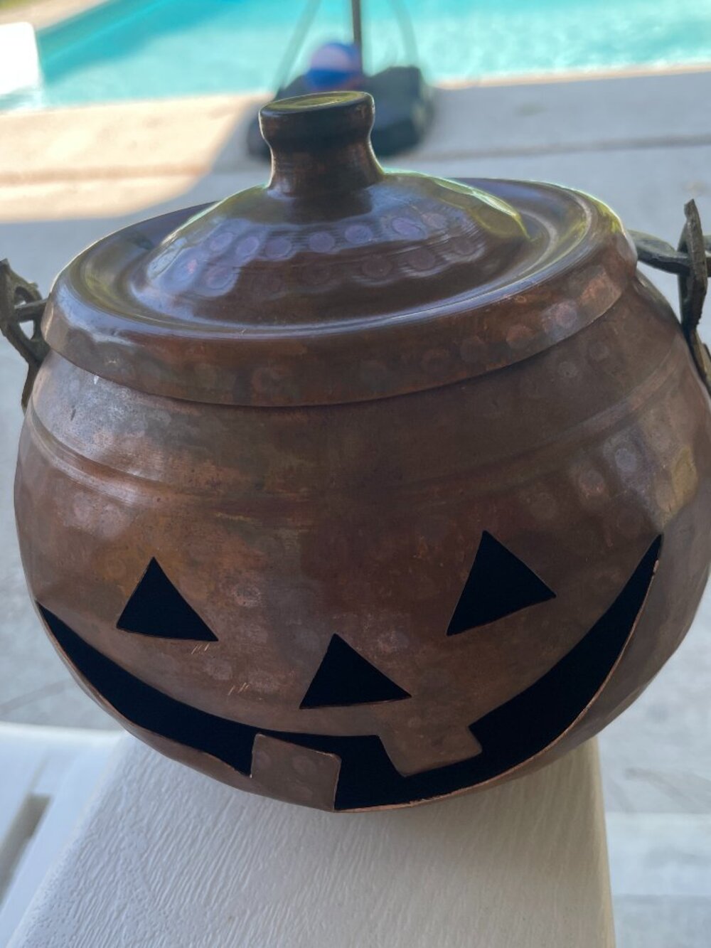 Vintage Hammered Copper Brass Handle Jack O Lantern Halloween Pumpkin Pot!